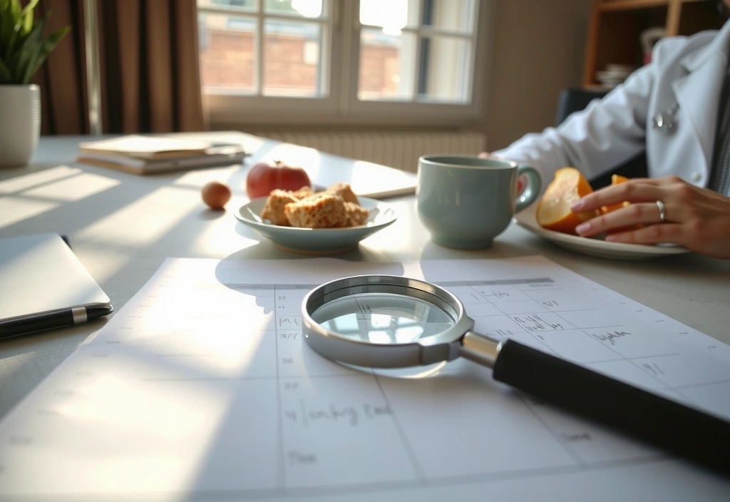 Detailaufnahme eines Ernährungsberater-Schreibtisches mit Plänen und Notizen